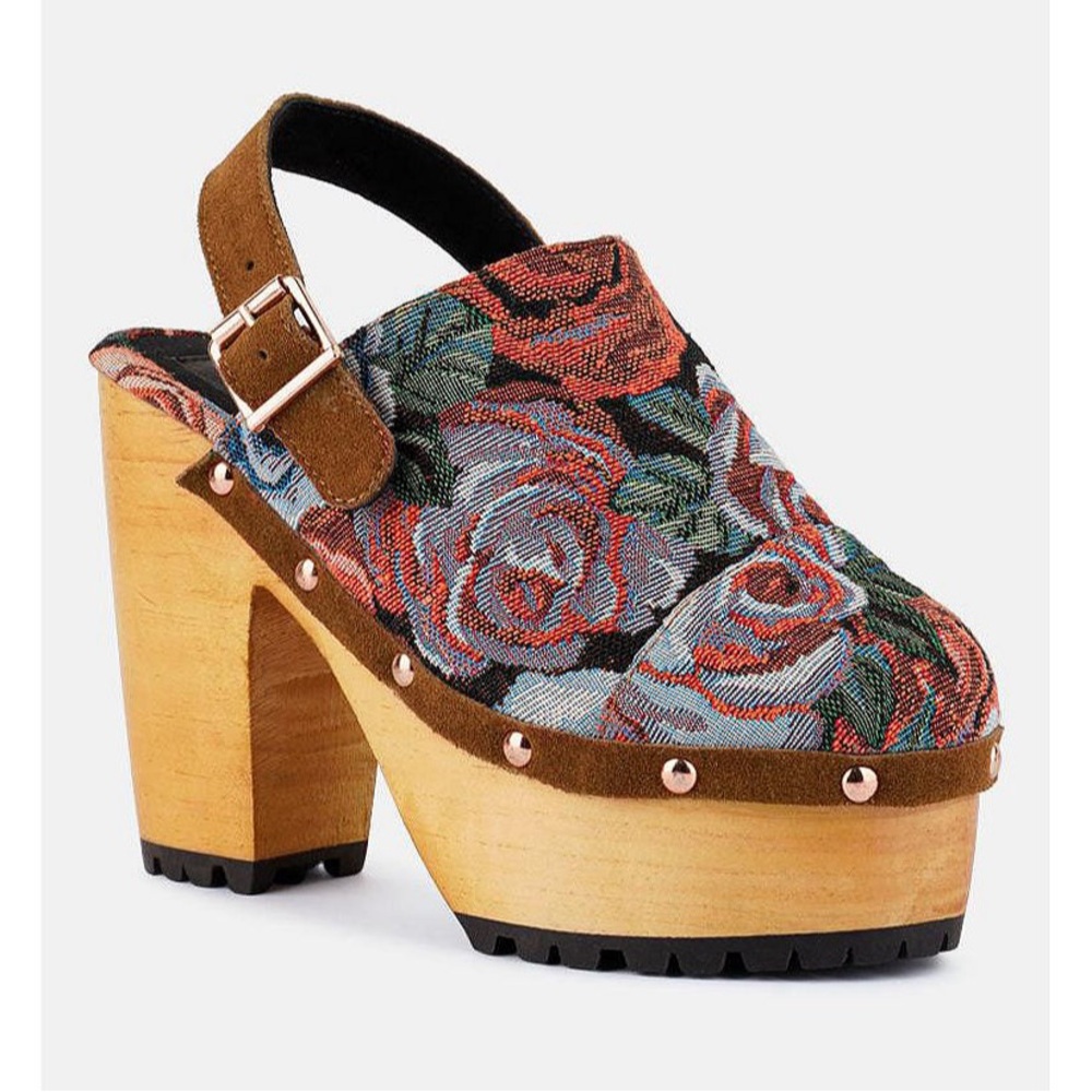 Mural Floral Platform Clogs with Brown Accents New